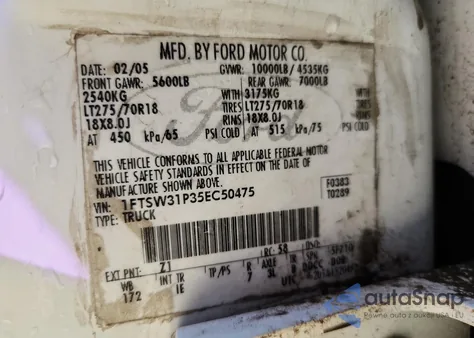 2005 Ford F350 Srw Super Duty z USA, uszkodzony, nr VIN 1FTSW31P35EC50475